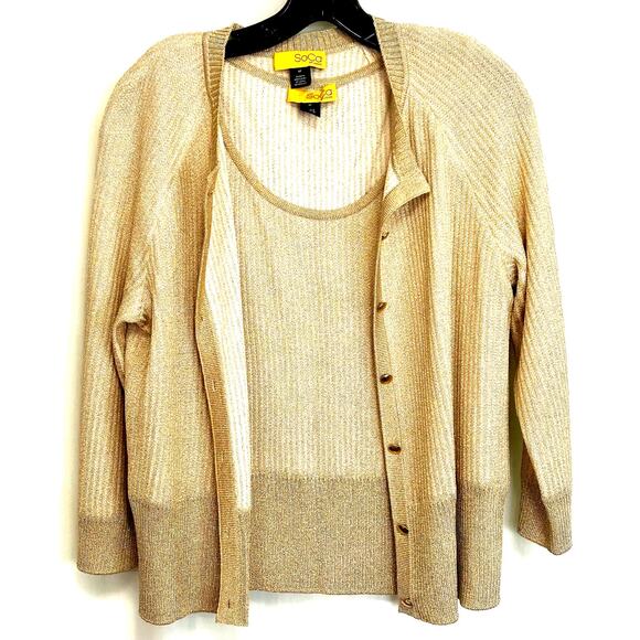 St. John SoCa Rib Knit Rayon Wool Metalized Gold Cardigan Tank Sweater Set Sz M - Picture 2 of 13